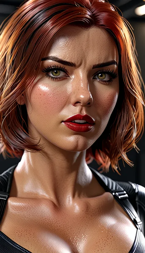 a beautiful sexy , black widow (realistic and detailed,4k,high resolution,head of&#39;artwork:1.2), ligoté and bâillonné. (brass...