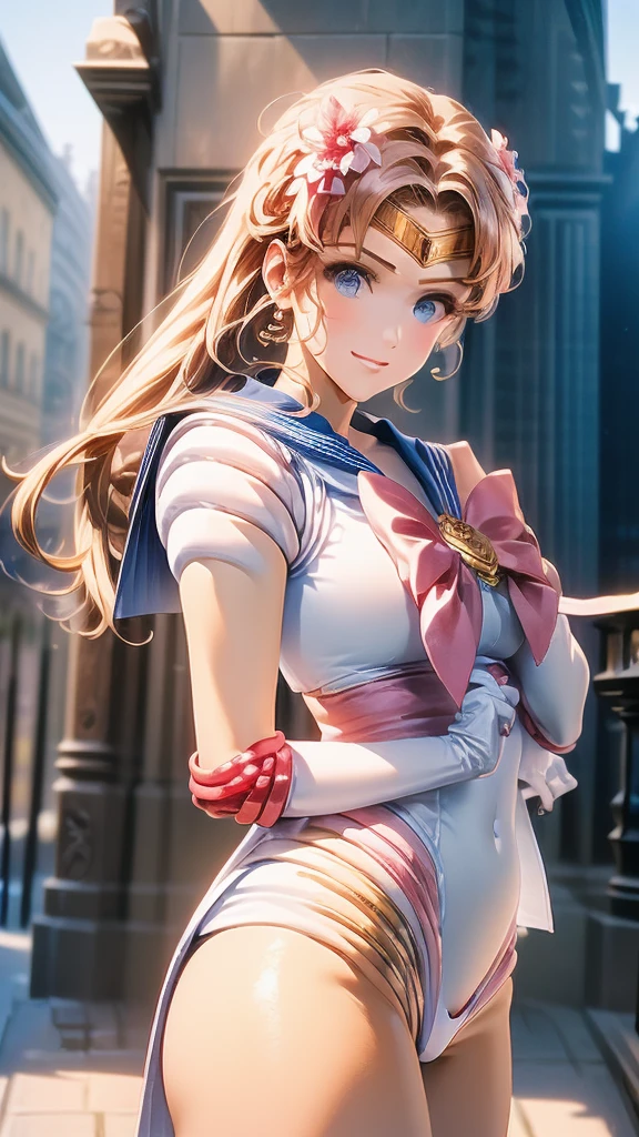 (Close-up of a woman)、((Full body depiction、Anatomically correct))、10 generations of women、Pink Lip Gloss、smile、blush、(Open the lipstick a little、High resolution、16K))、Medieval city、Depict every detail、Noise is kept to a minimum、Doing a full cosplay of Sailor Moon