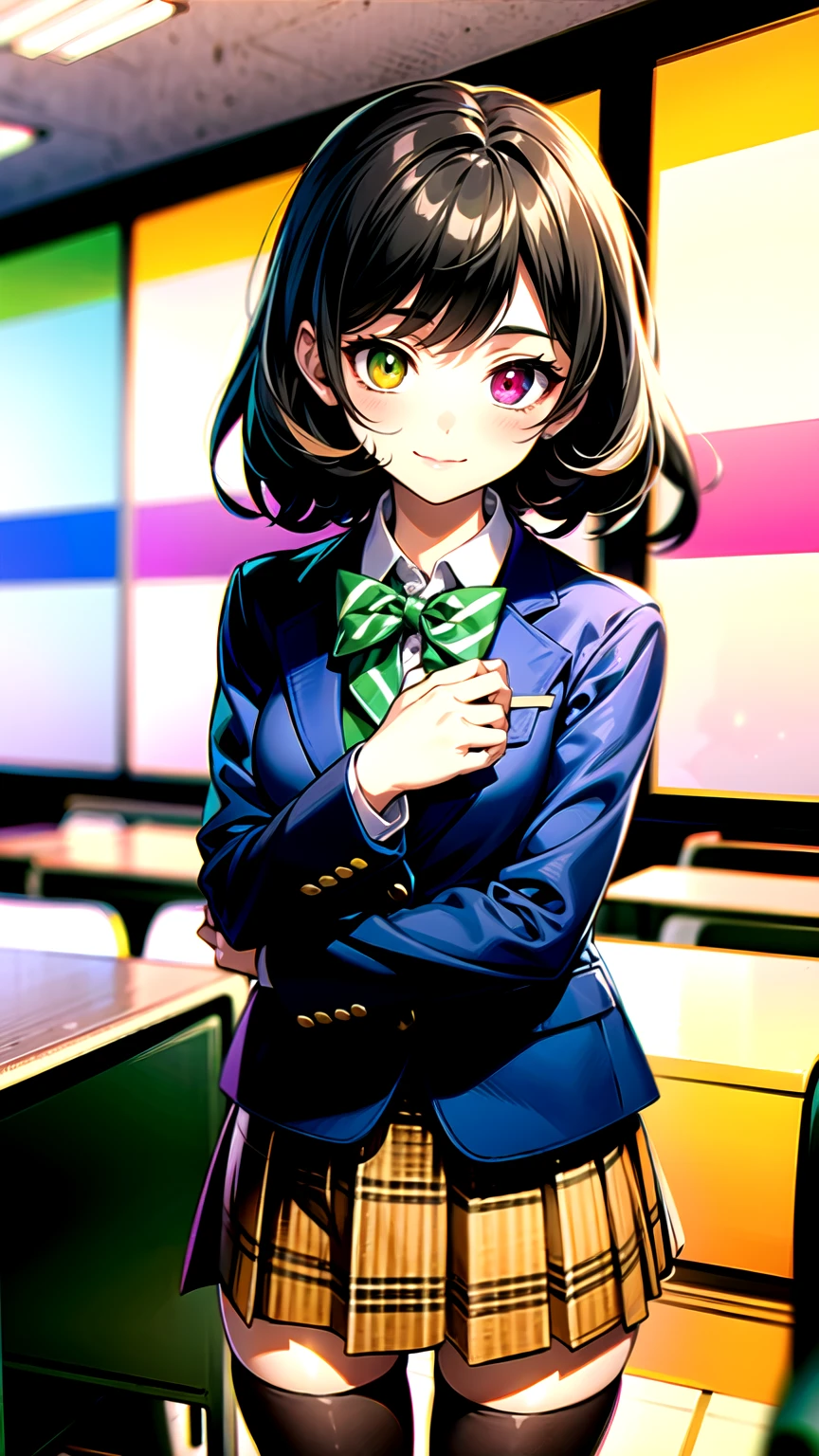 （（super high quality,））（（Ultra-high resolution,））（16K,）（super masterpiece,）（（Ultra HD ,））（Detailed shading,）One mature high school girl,Blue-green blazer,White dress shirt,The second button is open,（（Yellow striped bow tie,））Brown plaid mini skirt,Black long tights,Straight black long hair,Side-swept bangs,（（Orange and green heterochromia,））Sharp Eyes,smile,blush,A classroom illuminated by the setting sun,Holding a smartphone in one hand,