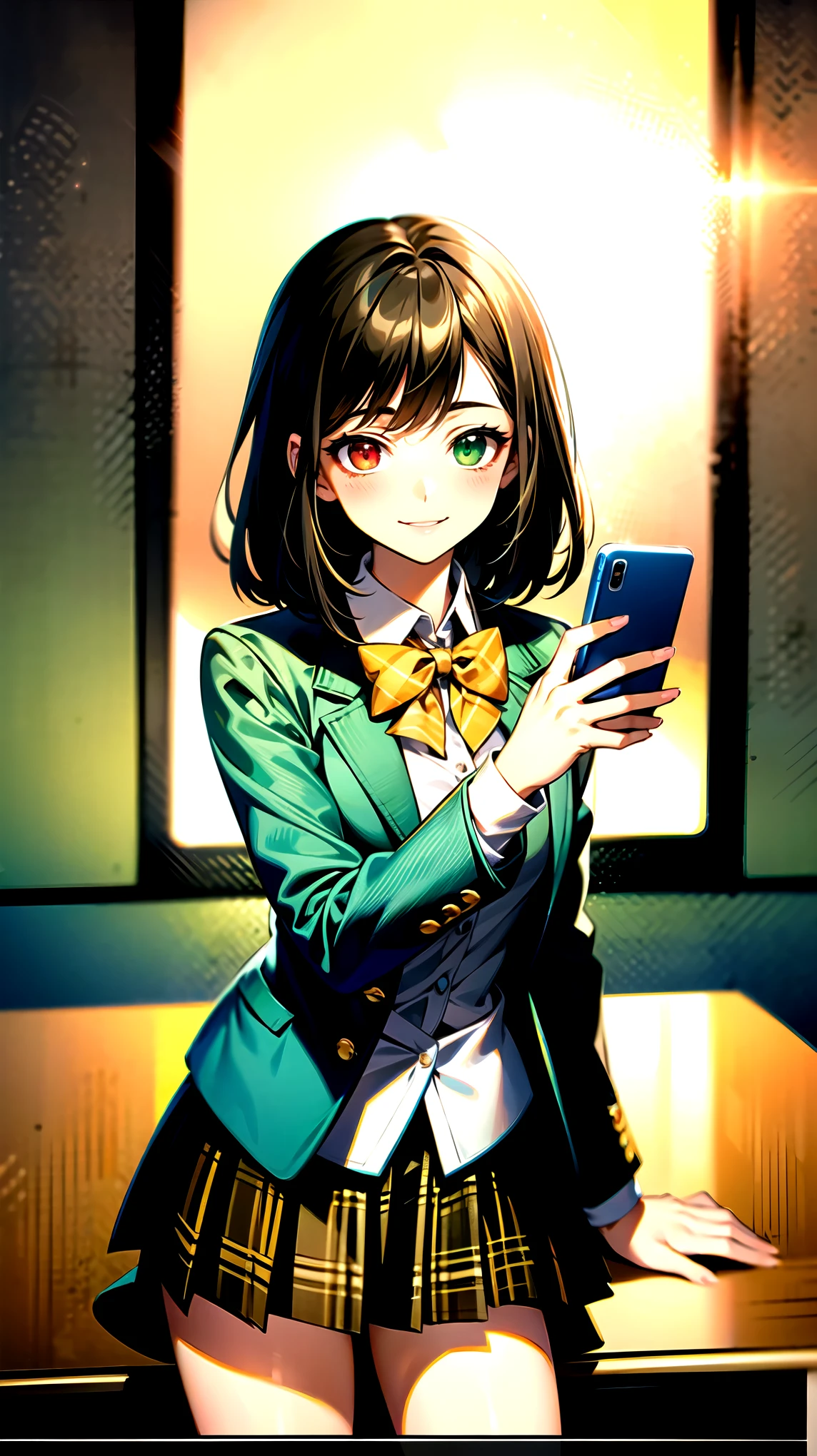 （（super high quality,））（（Ultra-high resolution,））（16K,）（super masterpiece,）（（Ultra HD ,））（Detailed shading,）One mature high school girl,Blue-green blazer,White dress shirt,The second button is open,（（Yellow striped bow tie,））Brown plaid mini skirt,Black long tights,Straight black long hair,Side-swept bangs,（（Orange and green heterochromia,））Sharp Eyes,smile,blush,A classroom illuminated by the setting sun,Holding a smartphone in one hand,