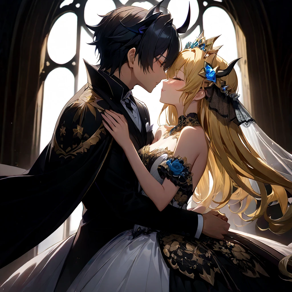 ((Highest quality)), ((masterpiece)), (detailed), （Perfect Face）、The woman is Extia Spica、The woman is wearing a gorgeous black wedding dress with gold embroidery and trim, and a black wedding veil, and is embracing and kissing the great demon king to celebrate their wedding.