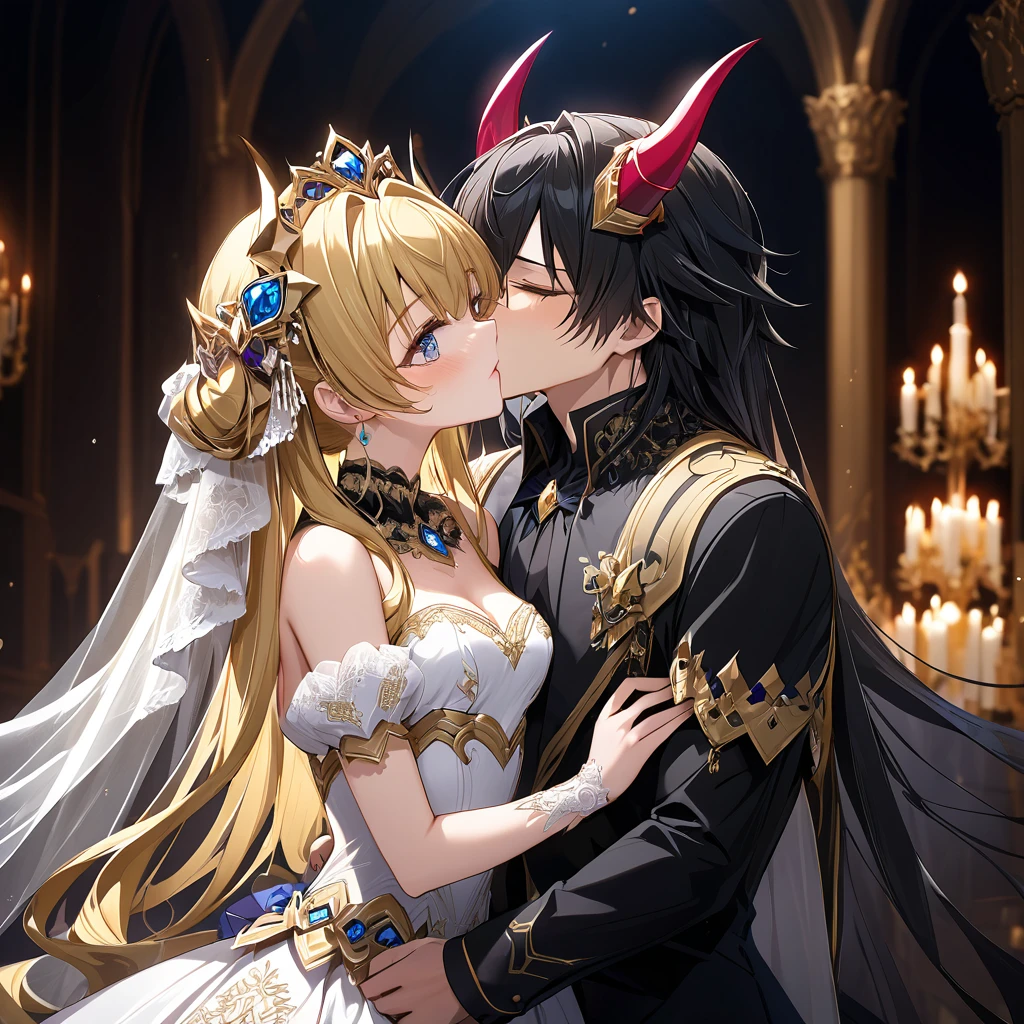 ((Highest quality)), ((masterpiece)), (detailed), （Perfect Face）、The woman is Extia Spica、The woman is wearing a gorgeous black wedding dress with gold embroidery and trim, and a black wedding veil, and is embracing and kissing the great demon king to celebrate their wedding.