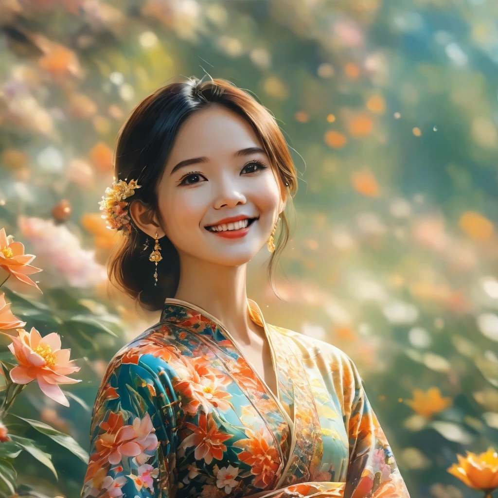 A beautiful thai young woman,2, dress in floral patterns, , smile bright, Soft lighting, Tranquil atmosphere, masterpiece, Reality, 8K, high qualityMasterpiece, 