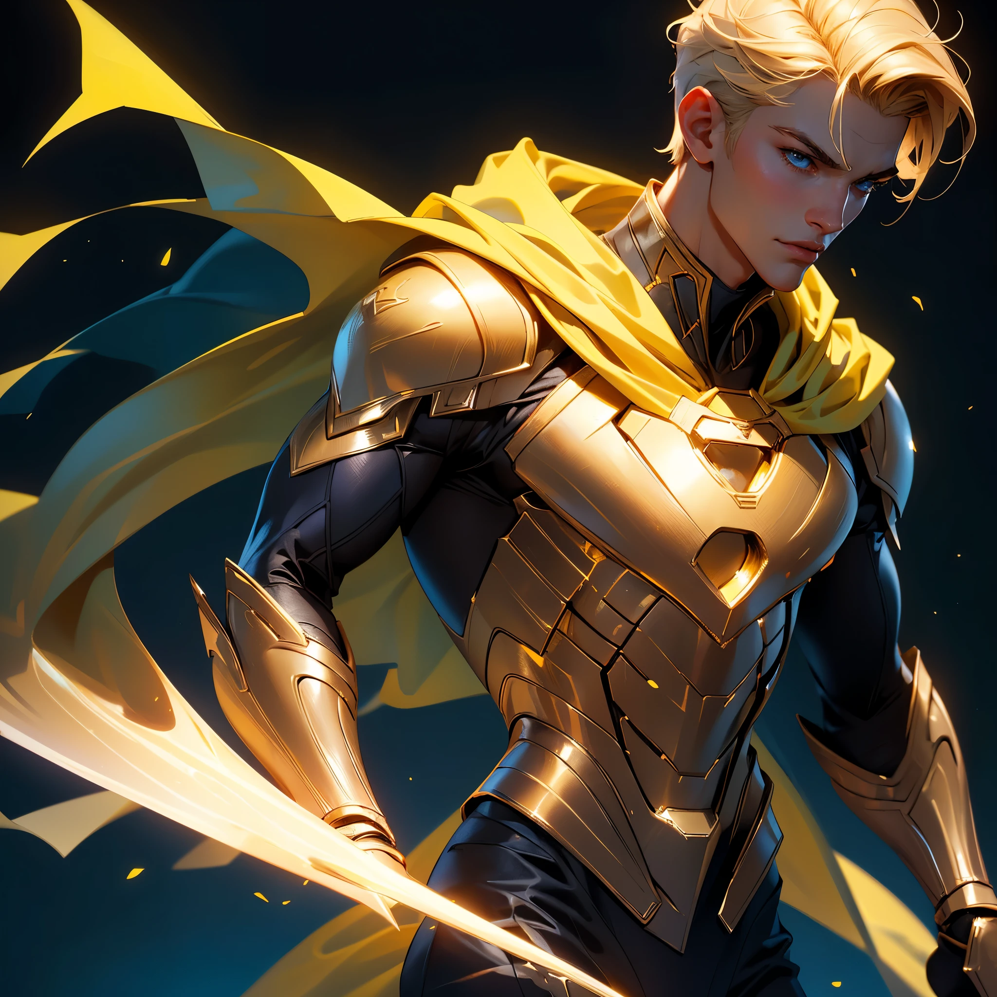 envision a 8k, highres, cinematic, detailed, semi realistic close up face pinup of a handsome Skinny Muscular man, with Sleek short blonde hair, blue eyes, Skin Tight All Yellow Superhero Suit, Yellow Cape (((1boy))),  in dark lighting, against a dark background