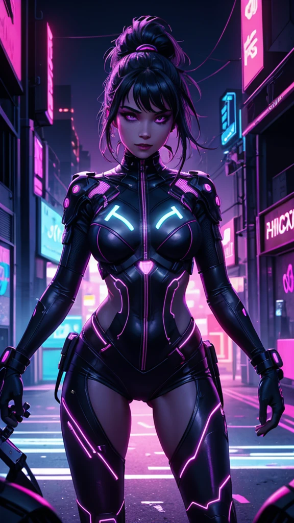 a girl dancing in the dark, Neon style, la nuit, in front of a cyberpunk city, magnificent, Aesthetic 