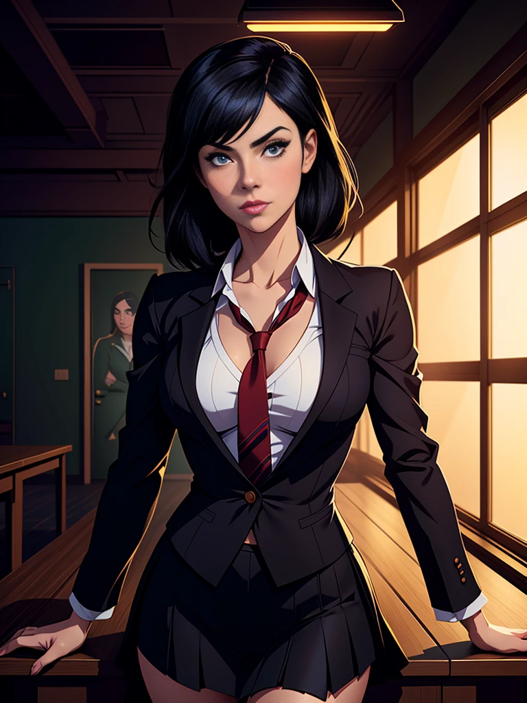 , super dark indoor environment, super dark, , rim light, glow, 🌟,anime character with black hair and a red tie in a room, digital art ilya kuvshinov, ilya kuvshinov style, ilya kuvshinov. 4 k, girl in a suit, realistic schoolgirl, charlie bowater art style, artgerm and ilya kuvshinov, style of charlie bowater, detailed digital anime art