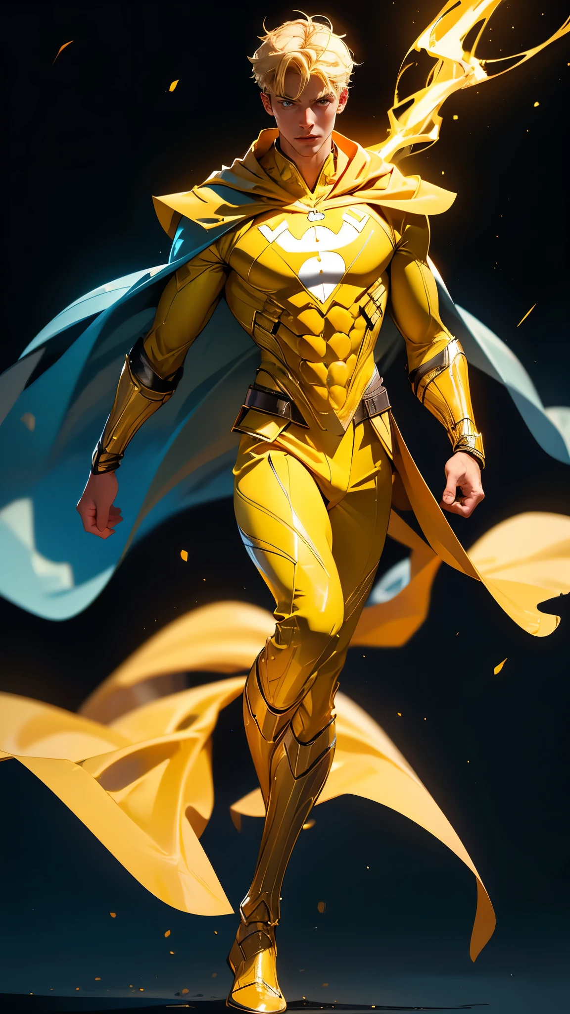 envision a 8k, highres, cinematic, detailed, semi realistic full body face pinup of a handsome Skinny Muscular man, with Sleek short blonde hair, blue eyes, Skin Tight All Yellow Superhero Suit, Yellow Cape (((1boy))),  in dark lighting, against a dark background