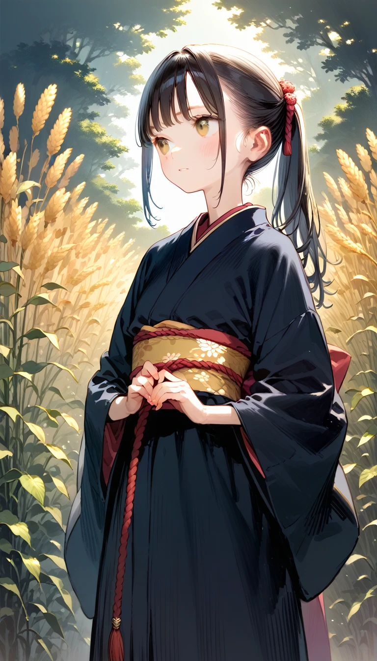 A girl in a kimono with an empty expression stands waist-deep in a wheat field, a black kimono with gold edges, Her hair is tied up in a ponytail, yellow  eyes, The sunset is reflected in your eyes, the light falls on your face, half side to the camera