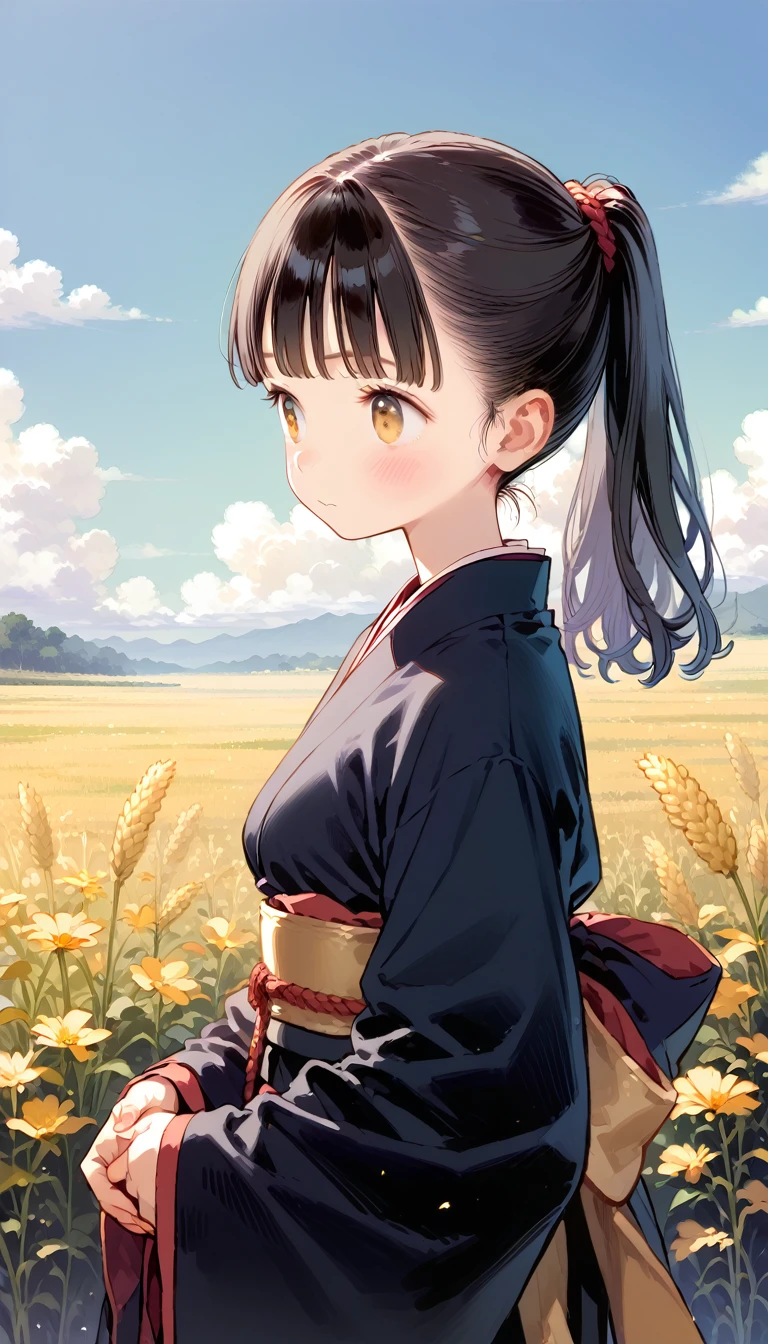 A girl in a kimono with an empty expression stands waist-deep in a wheat field, a black kimono with gold edges, Her hair is tied up in a ponytail, yellow  eyes, The sunset is reflected in your eyes, the light falls on your face, half side to the camera