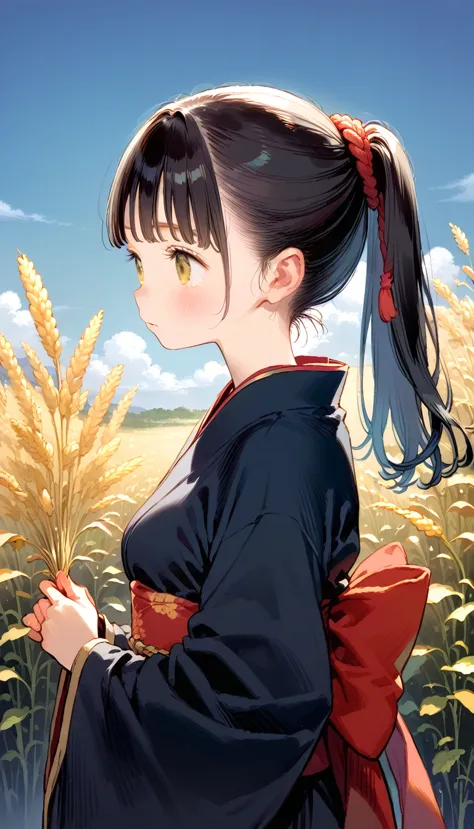 a girl in a kimono with an empty expression stands waist-deep in a wheat field, a black kimono with gold edges, her hair is tied...