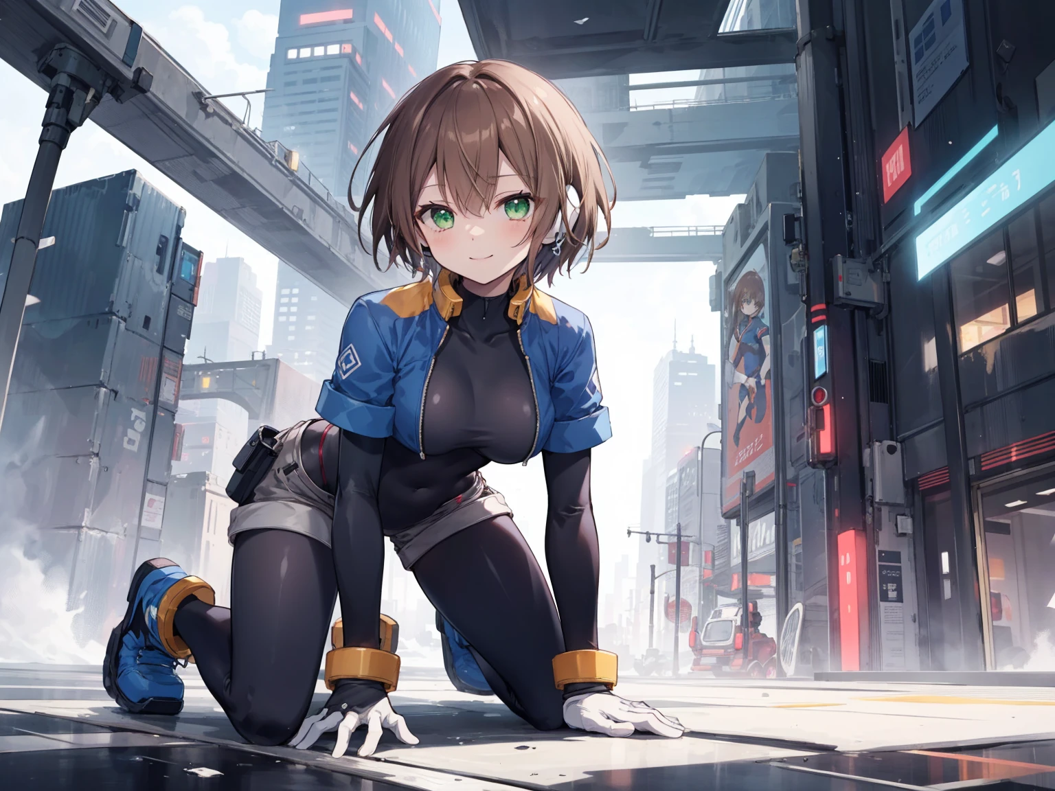 aile_megamanzx, kneeling with hands on the ground and , 1girl, solo, short hair, brown hair, short sleeves, (bodysuit), robot ears, green eyes, short_shorts, short sleeves, short over long sleeves, smile, in futuristic city, , high quality, large_breasts,crotch, slouch,on_all_fours,