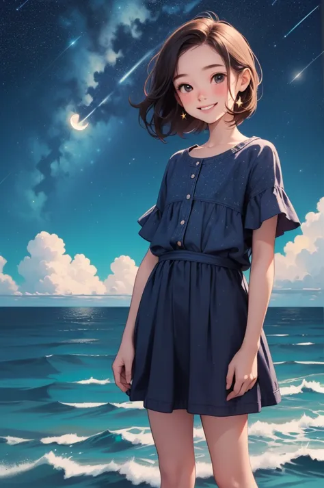 ((masterpiece,Highest quality, detailed)), Cowboy Shot，(Lyric meaning: Lyric meaning: Very little girl:1.2)，alone，(Captivating smile:1.3)，Very short stature，Flat Chest，Are standing，View your viewers，(Ocean:1.3)，(Starry Sky:1.3)，moon，
