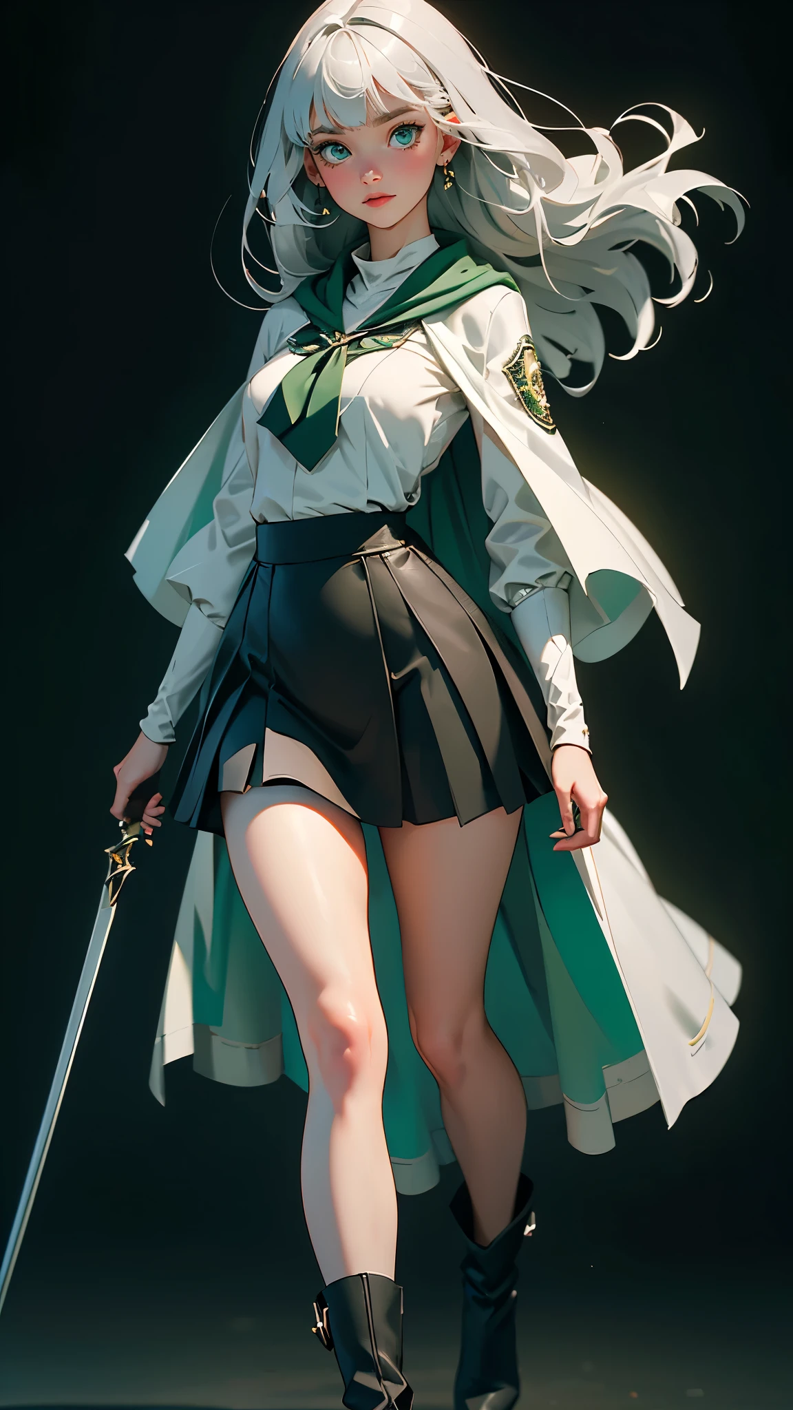 envision a 8k, highres, cinematic, beautiful full body Pinup of a sexy soft woman with a slender plump body, strong face, long silver hair, long bangs, green eyes, Sailor Dress, Green cape, pale skin, tactical skirt, black tights, small boots, ((((1girl)))), in dark lighting, against a dark gray background