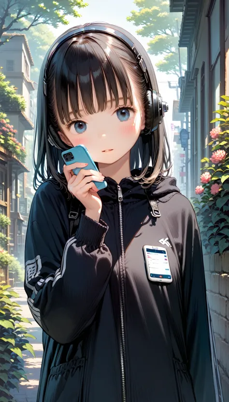 anime girl with headphones and a backpack looking at a cell phone, anime styling 4 k, alice x. zhang, digital anime art, nightco...