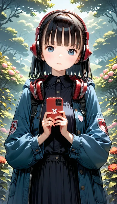 anime girl with headphones and a backpack looking at a cell phone, anime styling 4 k, alice x. zhang, digital anime art, nightco...