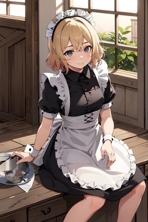 masterpiece, best quality, highres, nm1, maid, maid headdress, apron, indoors, sitting