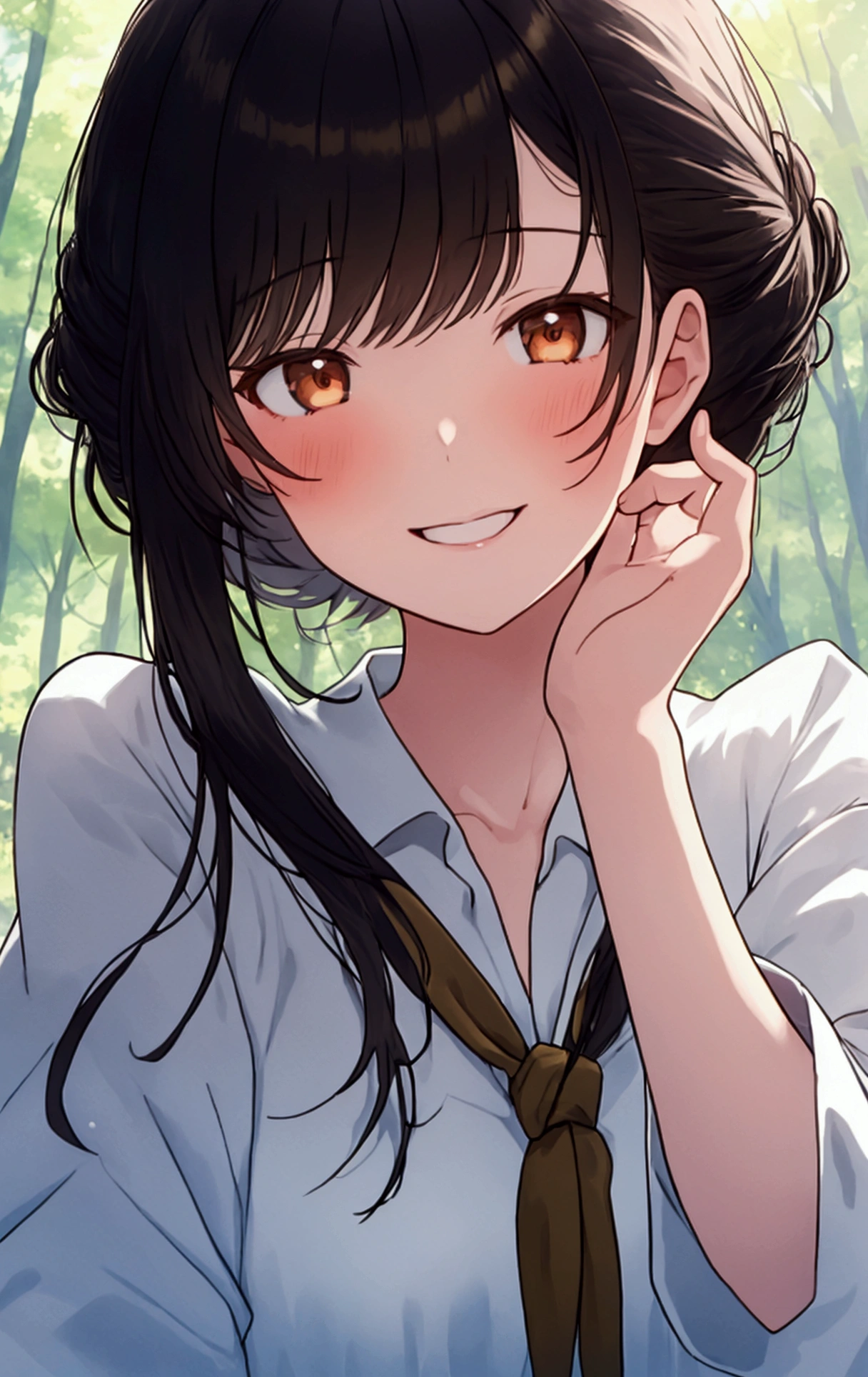 (masterpiece), (Highest quality), (Super Detail), (Disheveled Hair), (figure), (girl1人), (interview), (A quick background), Beautiful attention to detail, 繊細でBeautiful Face, floating, (High saturation), (Shine), Focus on the face, Black Hair, bangs, A big smile, floating Hair. girl, Girl in Love, Pixiv illustration, Highest quality, Very detailed, smile, Smart, Beautiful Face, 4K, nature, Sunlight filtering through the trees, NSFW