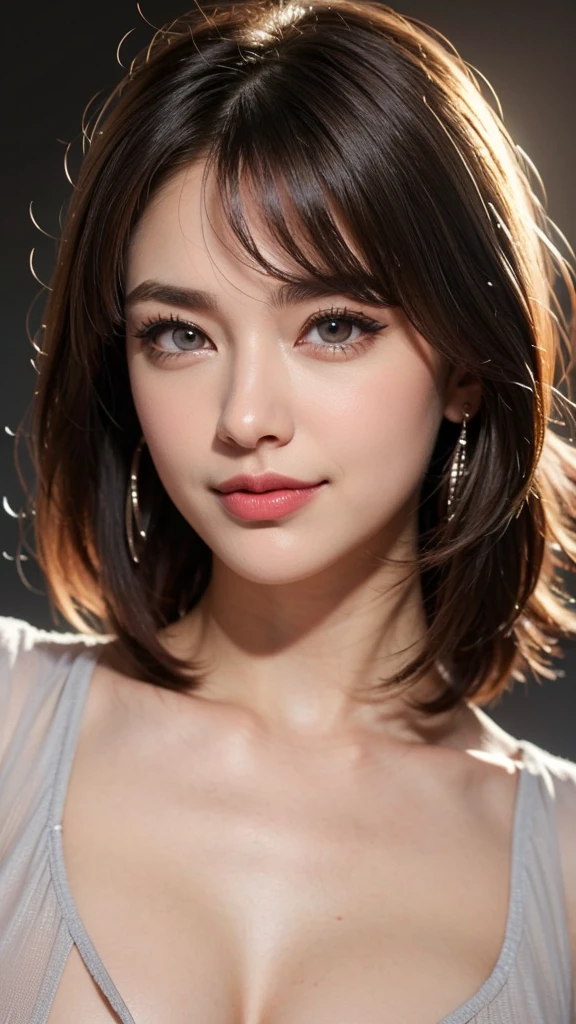 Alias 1, 1 girl, alone, ((highest quality, High resolution, masterpiece :1.3)), (Realistic:1.4), Written boundary depth, (from the front), (White), Beautiful Eyes, Detailed face, Fine skin, double eyelidの目, double eyelid ,Pale skin, Beautiful Skin ,highest quality, ((Big eyes)), ((Large eyeballs),Beautiful Skin,(((Thin eyebrows))), Age 25, bionde ,Straight hair, (flowing bangs), ((Light grey eyes)) Pink lipstick, (bionde),(bionde), (Bob Hair),(Light grey eyes),Small breasts ,Beautiful breasts, Black eyeliner ,Dark brown eye shadow on the eyelids, eyelash ,clavicle ,eye shadow ,smile, ear piercing ,(eye shadow) ,Looking at the audience,((Photograph the entire head)),(Plump body),(Plump Cheeks),(Hornet&#39;Waist),(Short torso),(Wide Hips), (BIG ASS),(Thin Waist) ,((非常にThin Waist)),Short waisted woman, Women with long legs, (close up:1.4)