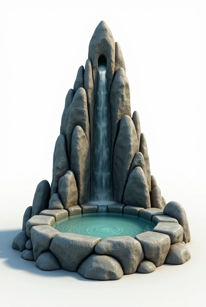 On a white background for reference 3D representation, A Celtiberian altar/natural made of a mountain of rocks and stones with a round base, base with a fountain that comes out of the top of the altar and falls down one side, the water at the base. With space for offerings. This image is a representation of a 3D rendered prop