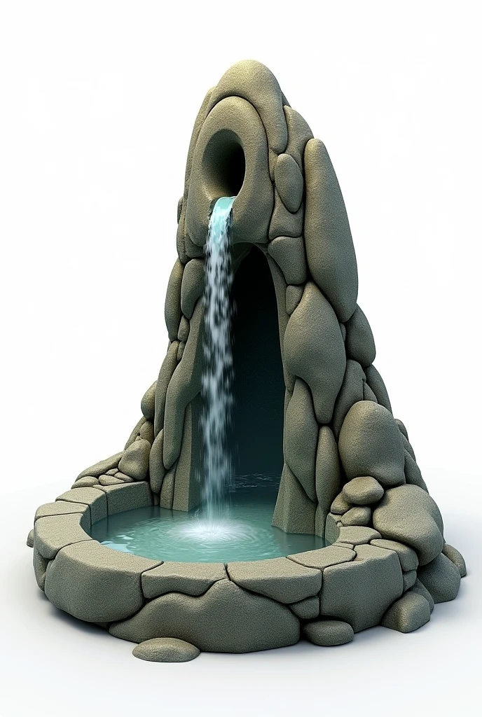 On a white background for reference 3D representation, A Celtiberian altar/natural made of a mountain of rocks and stones with a round base, base with a fountain that comes out of the top of the altar and falls down one side, the water at the base. With space for offerings. This image is a representation of a 3D rendered prop