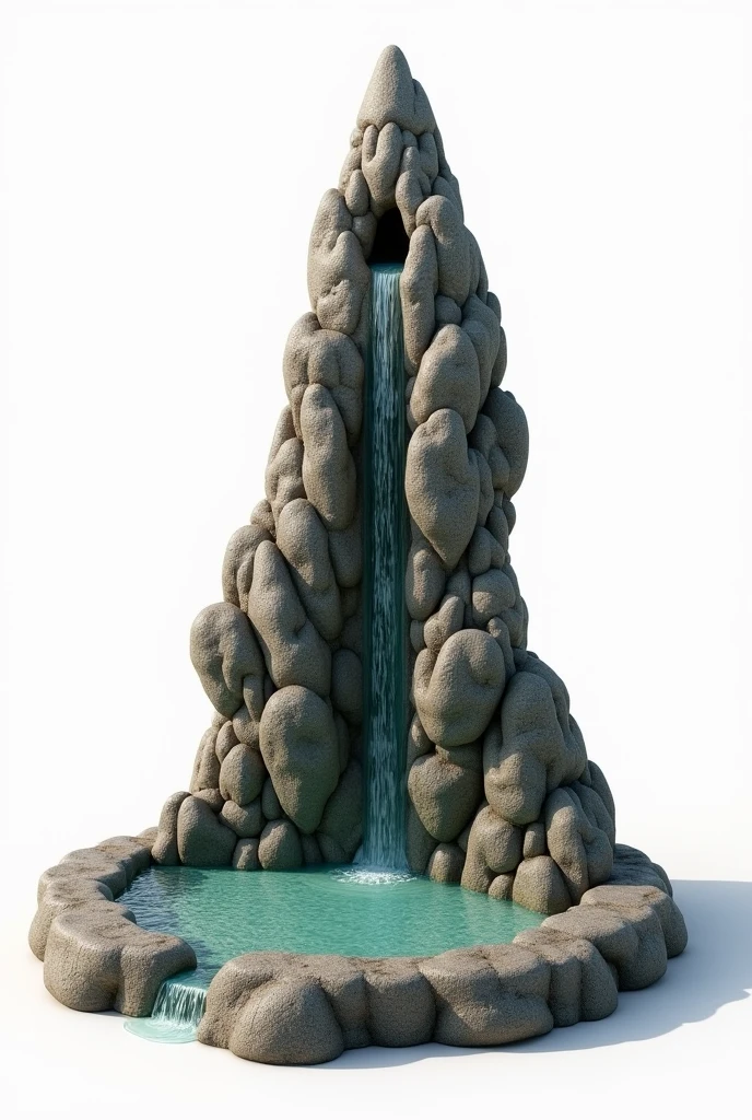 On a white background for reference 3D representation, A Celtiberian altar/natural made of a mountain of rocks and stones with a round base, base with a fountain that comes out of the top of the altar and falls down one side, the water at the base. With space for offerings. This image is a representation of a 3D rendered prop