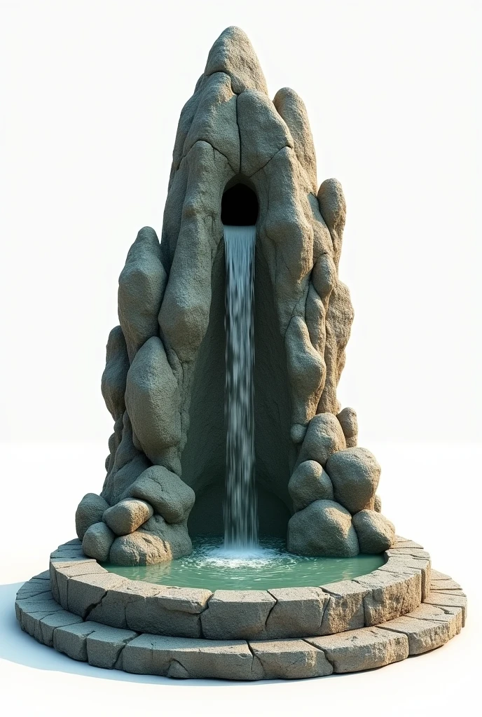 On a white background for reference 3D representation, A Celtiberian altar/natural made of a mountain of rocks and stones with a round base, base with a fountain that comes out of the top of the altar and falls down one side, the water at the base. With space for offerings. This image is a representation of a 3D rendered prop