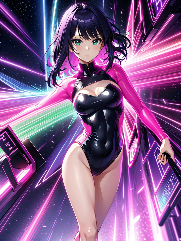 (highest quality、4K、8K、High resolution、masterpiece:1.2)、Super detailed、(anime style、photorealistic:1.37)、girl in neon clothes、black leotard、bare legs、purple hair、swept bangs、long hair、lime green eyes、neon light、Bright colors、Shining atmosphere、futuristic fashion、shiny fabric、neon sign、Bustling city streets、confident pose、vibrant energy、nightlife sensation、 dynamic movement、creative patterns、Intense saturation、edgy style、kaleidoscope reflection、Fashion Forward、fluorescent light