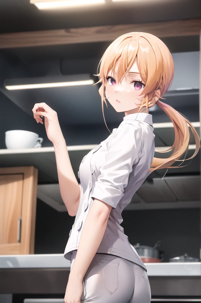 masterpiece, best quality, highres, aaerina, ponytail, long hair, white pants, chef, buttons, standing, kitchen, cowboy shot,