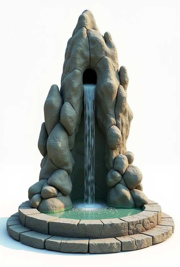 On a white background for reference 3D representation, A Celtiberian altar/natural made of a mountain of rocks and stones with a round base, base with a fountain that comes out of the top of the altar and falls down one side, the water at the base. With space for offerings. This image is a representation of a 3D rendered prop