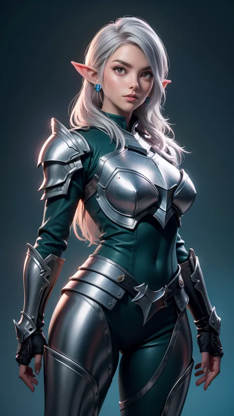 beautiful, (1nordic woman), pointy ears, silver hair, green eyes, she's wearing a silver and blue crusader armor, background: me...