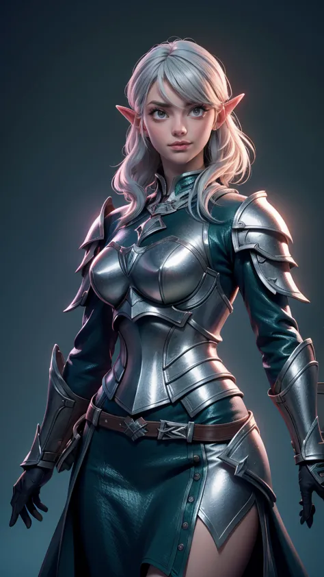 beautiful, (1nordic woman), pointy ears, silver hair, green eyes, she's wearing a silver and blue crusader armor, background: me...