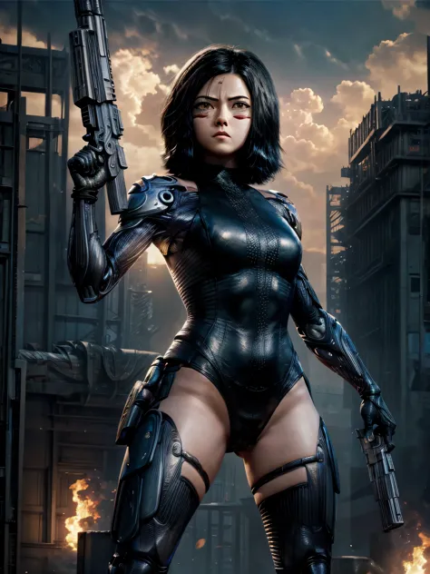 alita, with a gun in hand, giant weapon, wearing a leotard, thighs showing, beautiful athletic body ,combat pose holding a futur...