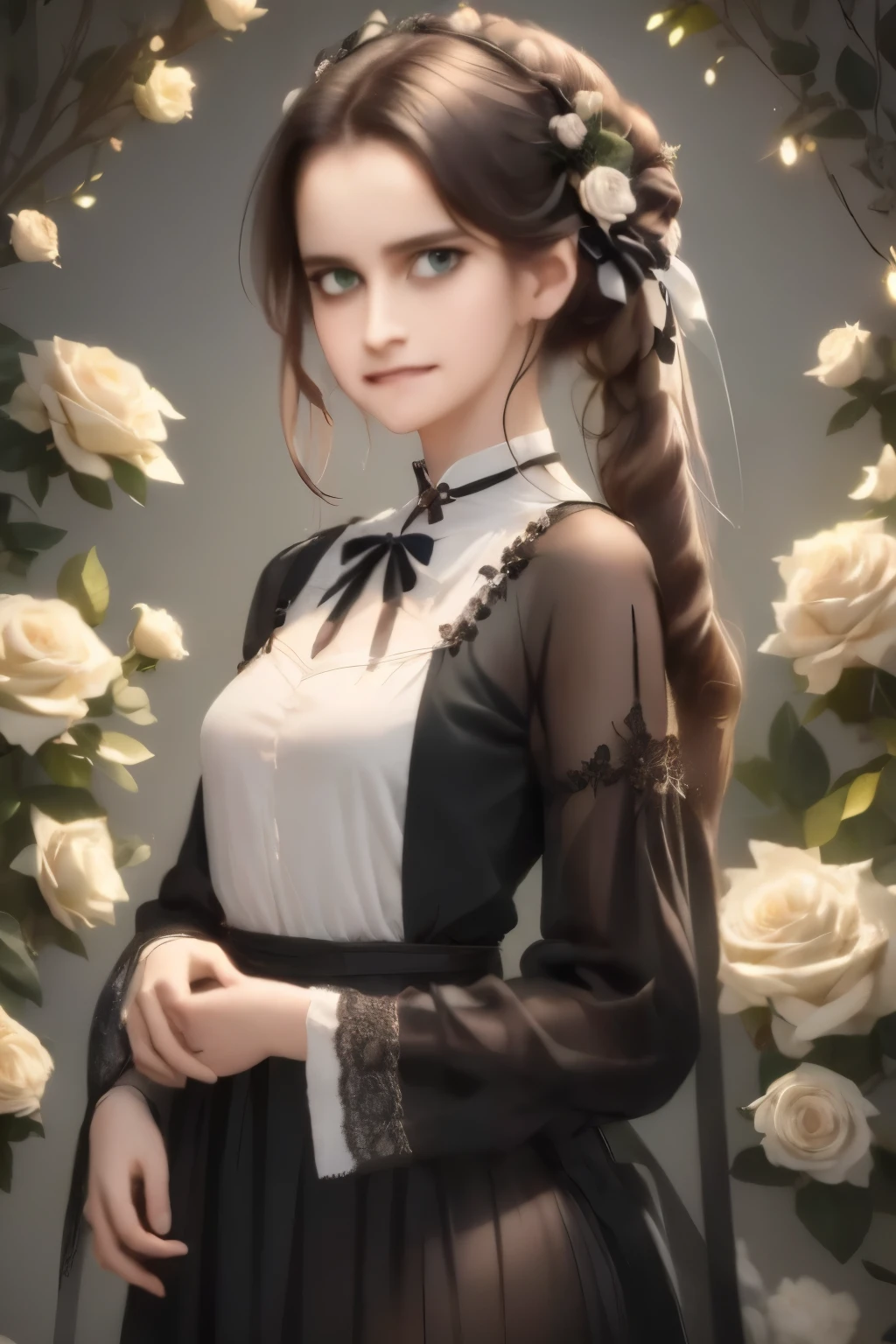 ((masterpiece, best quality)),best aesthetic,1girl, solo, long hair, black dress, flower, ribbon, black background, black hair, rose, hair ribbon, green eyes, long sleeves, white rose, closed mouth, black ribbon, upper body, cinematic lighting