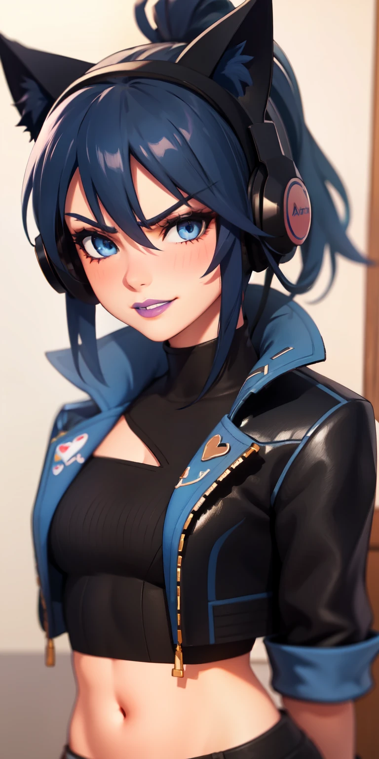 1girl,blue hair, ponytail, short hair, blue eyes, eyeshadow, (blush:1.1),upper body,heart, arms behind back, (speed lines:1.1),medium breasts, love, heart, black jacket, jacket crop top, navel, cat ears headphones, black crop top, purple lips, smile, angry, 1girl and 1boy, kabedon pov