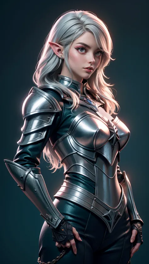 beautiful, (1nordic woman), pointy ears, silver hair, green eyes, she's wearing a silver and blue crusader armor, background: me...