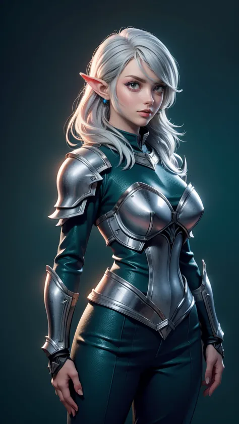 beautiful, (1nordic woman), pointy ears, silver hair, green eyes, she's wearing a silver and blue crusader armor, background: me...