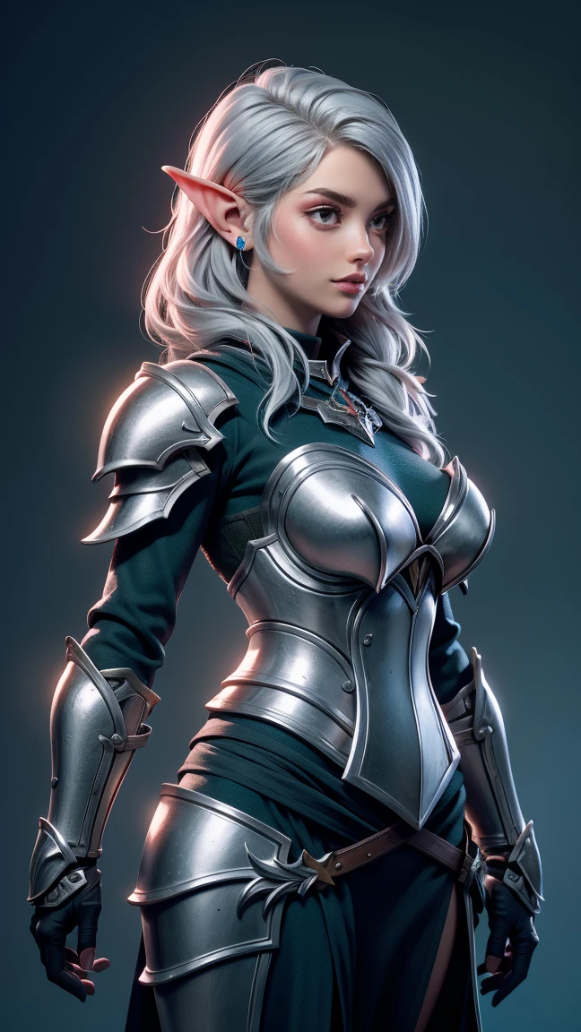 Beautiful, (1Nordic Woman), pointy ears, Silver hair, green eyes, she's wearing a silver and blue crusader armor, background: Medieval military base, Conceptual art, UHD, masterpiece, anatomically correct, high details, super detail, high quality, highres, 4K, 8k