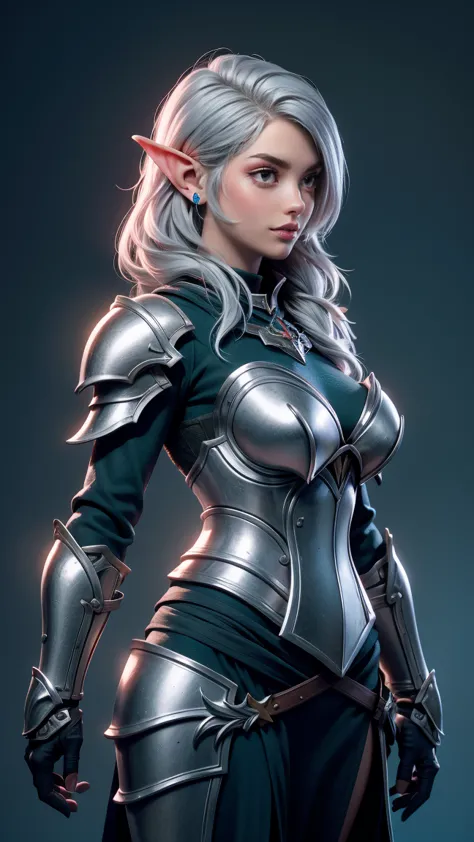 beautiful, (1nordic woman), pointy ears, silver hair, green eyes, she's wearing a silver and blue crusader armor, background: me...