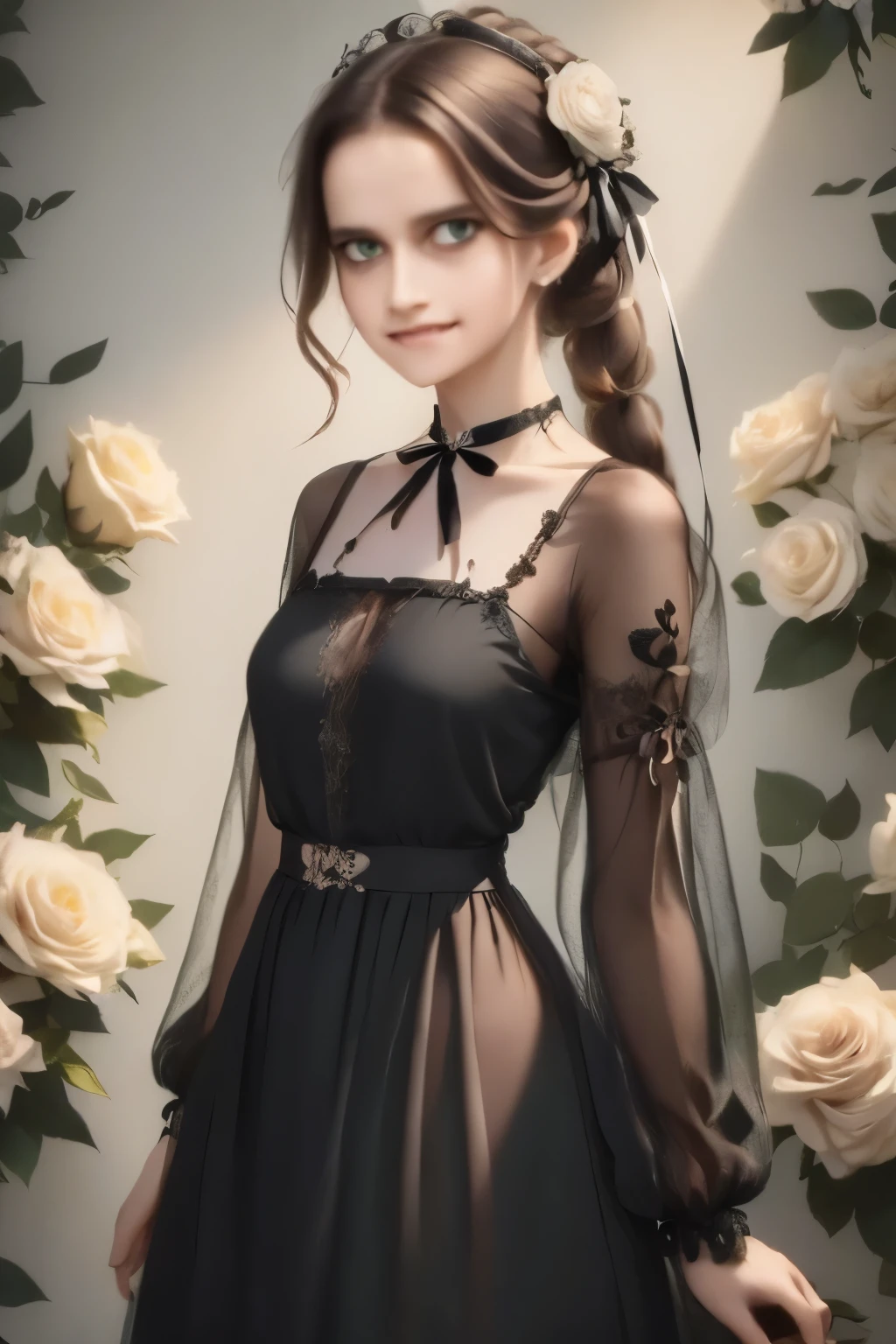 ((masterpiece, best quality)),best aesthetic,1girl, solo, long hair, black dress, flower, ribbon, black background, black hair, rose, hair ribbon, green eyes, long sleeves, white rose, closed mouth, black ribbon, upper body, cinematic lighting