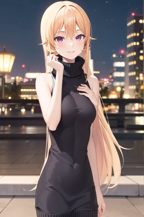 masterpiece, best quality, highres, aaerina, long hair, sweater dress, turtleneck, sleeveless, night, city, standing, smile