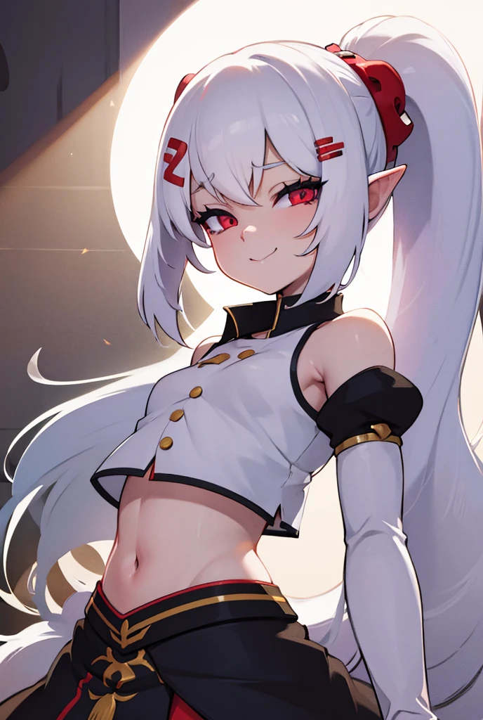 1 elf girl,white hair,red eyes,flat breasts,looking at viewer,upper body,high contrast,luminous eyes,detailed eyes,detailed face,highest quality,ultra-detailed,illustration,colorful,light rays,backlighting,midriff:1.4,happy:1.2,ponytail:1.2,white shirt:1.3,small hat with bat wings,hairclip:1.2,masterpiece,highest details