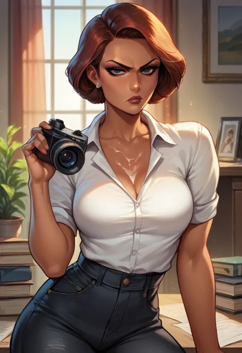 ultra quality, masterpiece, lois lane,(black short hair tomboy hairstyle, beautiful face, beautiful female lips, charming, sexy ...