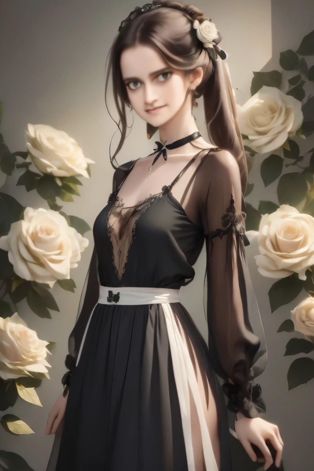 ((masterpiece, best quality)),best aesthetic,1girl, solo, long hair, black dress, flower, ribbon, black background, black hair, multicolor rose, hair ribbon, green eyes, long sleeves, white rose, closed mouth, black ribbon, upper body, cinematic lighting