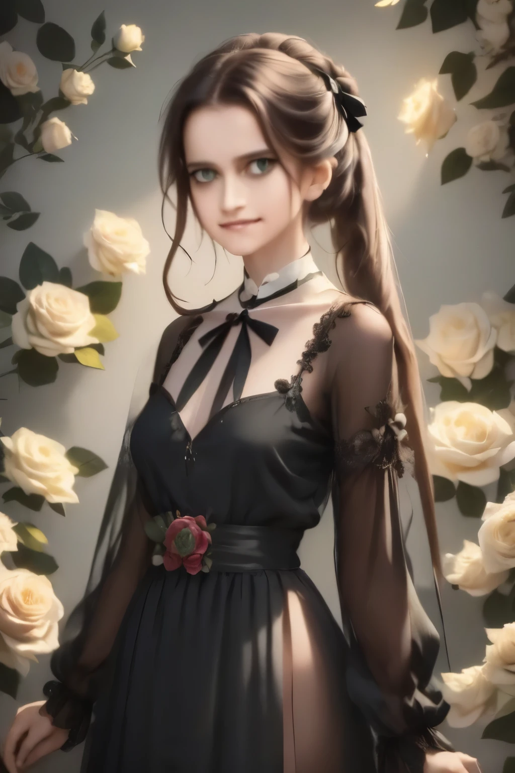 ((masterpiece, best quality)),best aesthetic,1girl, solo, long hair, black dress, flower, ribbon, black background, black hair, multicolor rose, hair ribbon, green eyes, long sleeves, white rose, closed mouth, black ribbon, upper body, cinematic lighting