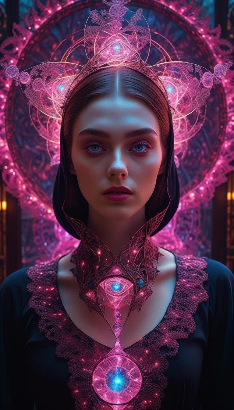 (masterpiece, top quality, best quality, official art, ugly and aesthetic:1.2), (1girl:1.3), monster girl(fractal art:1.3), extremely detailed girl, intricate fractal patterns, volumetric lighting, cinematic lighting, octane render, 8k, high resolution, award winning, digital art, surreal, psychedelic, kaleidoscopic, mesmerizing, hypnotic, vivid colors, vibrant colors, glowing, ethereal, mystical, fantasy, dreamlike, mind bending, dark side, cinematic portrait,cinematic photography,Brown Hair, Very Long Hair, Large breasts, Pink Eyes, Makeup, Disgust, Multiple Views, Film Grain, Cinematic Lighting, Glowing Light, Overexposure, Bokeh, 8K Octane, Ghibli-like Colors, Gothic Art, Hyperrealism, Glass Morphism, Genre Painting, Fujicolor, Futurism, Realism, Surrealism, Unreal Engine, Timeless Modern, High Resolution, High Resolution, Best Quality, Award Winning, Masterpiece, 