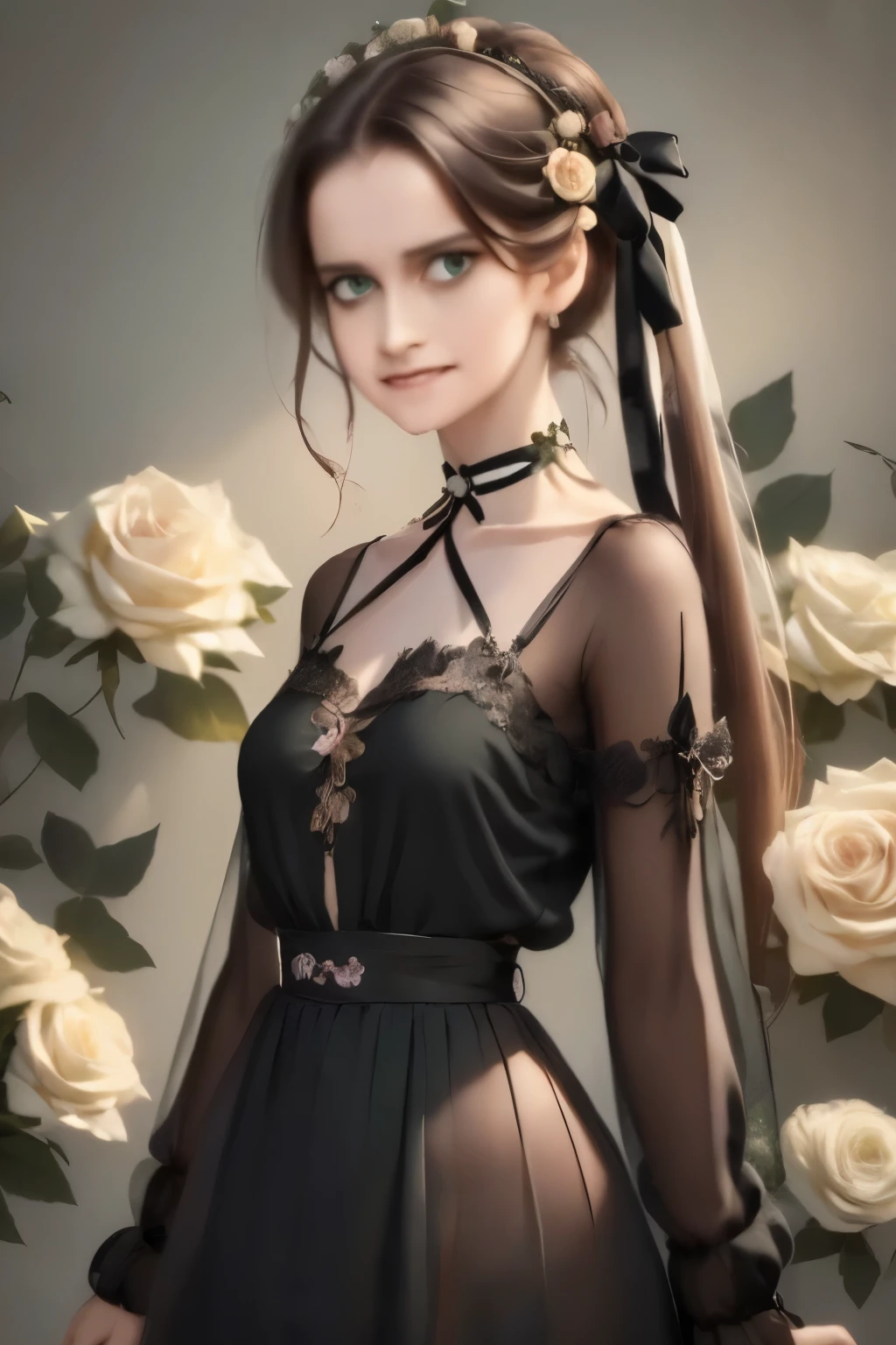 ((masterpiece, best quality)),best aesthetic,1girl, solo, long hair, black dress, flower, ribbon, black background, black hair, multicolor rose, hair ribbon, green eyes, long sleeves, white rose, closed mouth, black ribbon, upper body, cinematic lighting