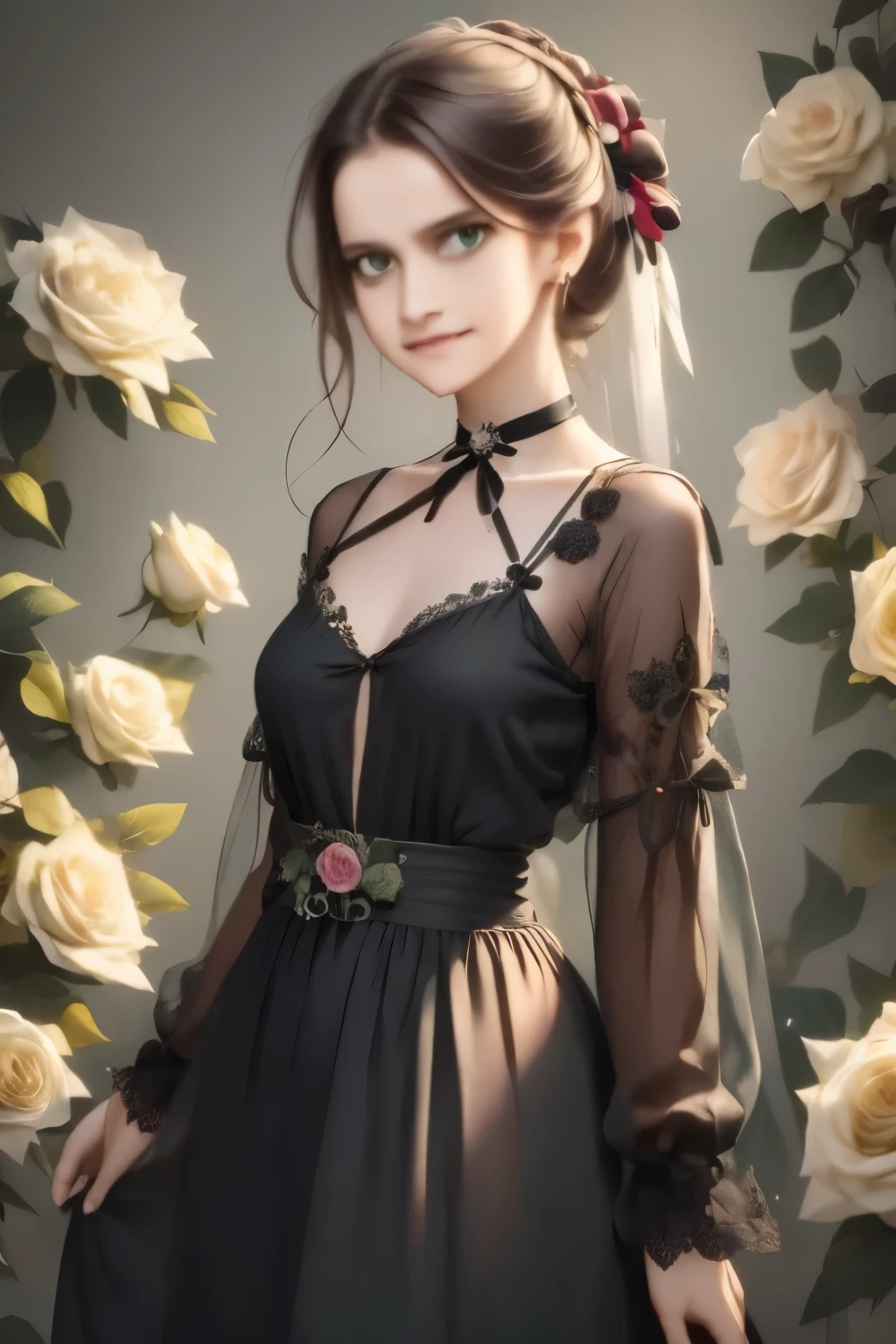 ((masterpiece, best quality)),best aesthetic,1girl, solo, long hair, black dress, flower, ribbon, black background, black hair, multicolor rose, hair ribbon, green eyes, long sleeves, white rose, closed mouth, black ribbon, upper body, cinematic lighting