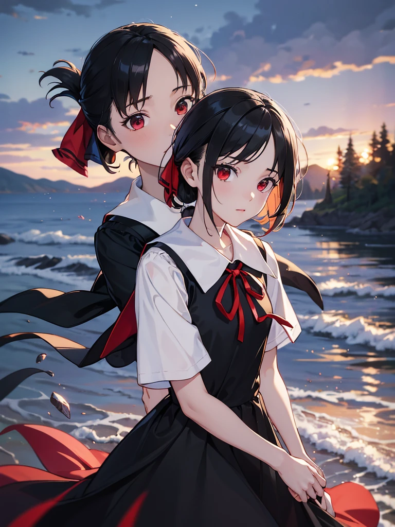 masterpiece, best quality, highres, absurdres, vibrant colours, score_9, score_8_up, score_7_up, detailed, bbkaguya, short hair, folded ponytail, hair ribbon, parted bangs, neck ribbon, red ribbon, pinafore dress, white shirt, short sleeves, night, from behind, looking at viewer,