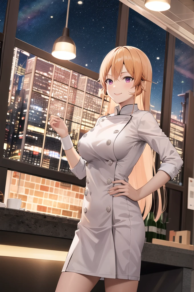 masterpiece, best quality, highres, aaerina, long hair, chef outfit, night, city, standing, smile