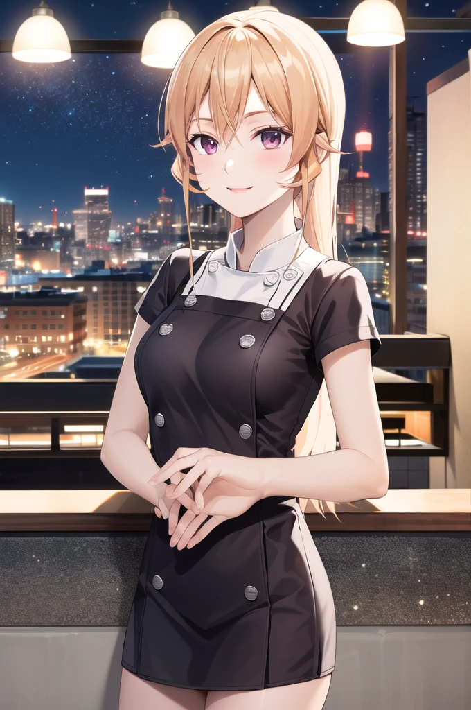 masterpiece, best quality, highres, aaerina, long hair, chef outfit, night, city, standing, smile